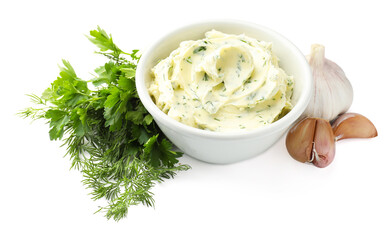 Delicious butter with herbs and garlic isolated on white © New Africa
