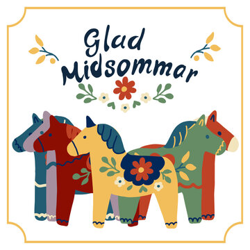 Happy Midsummer greeting poster. Cute dala horse and lettering Glad Midsommar for Sweden longest summer day holiday banner.