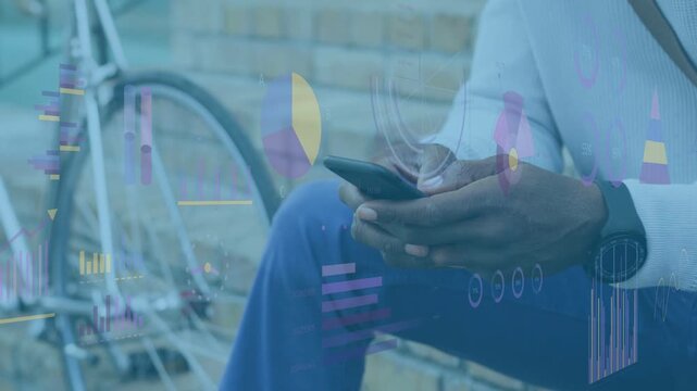 mature man sitting ledge tapping phone moving pie charts and bars over lap showing business data