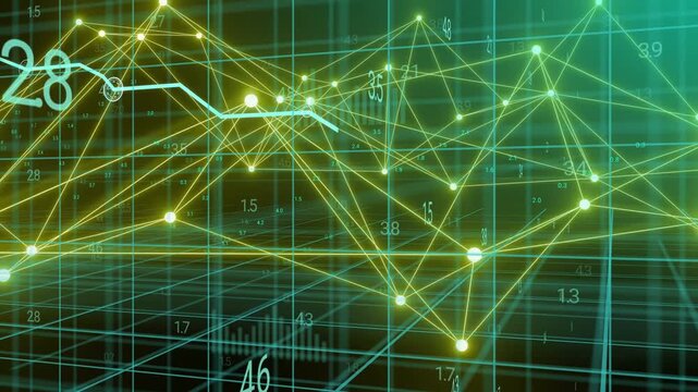 3D wireframe network visualizing incoming updates, nodes pulsing, trend line stepping down