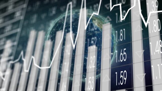 Tickers updating, globe rotating, teal arcs pulsing, line sweeping and bars rising, showing market