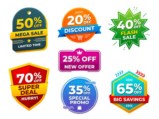 Fototapeta premium Modern Colorful Discount Label Set With Sale Percentage Badges And Promo Stickers