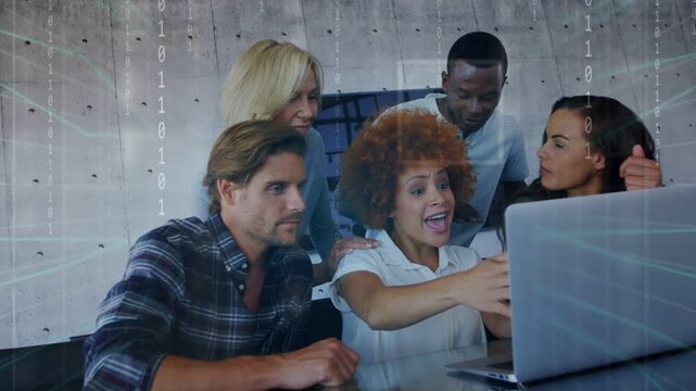 Lead woman typing on laptop and speaking, activating binary overlays for tech review, team reacting