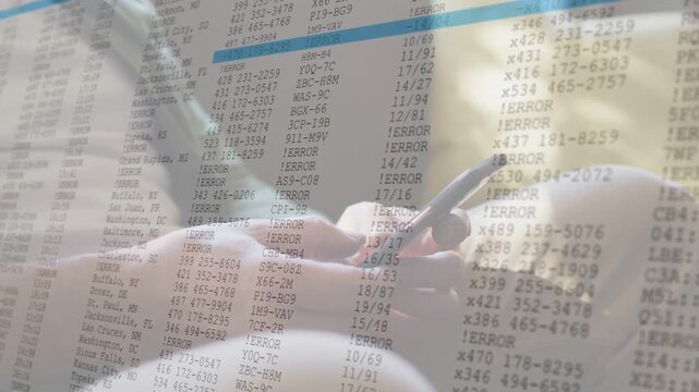 Man tapping phone on couch, checking finance data while faint sheet forming and marking ERROR rows