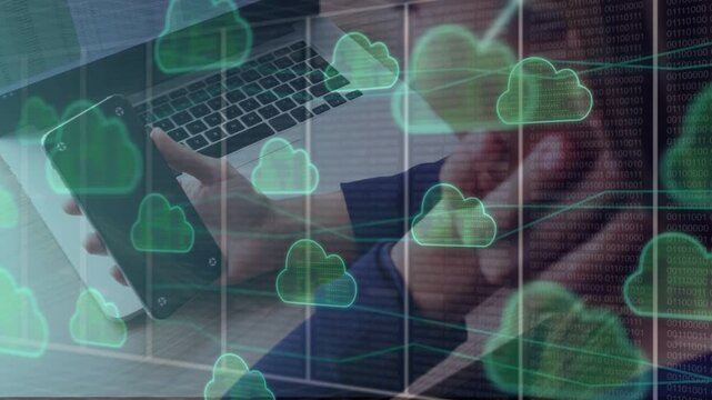 Woman holding phone rubbing temple at desk generating IT cloud icons and data grids for testing