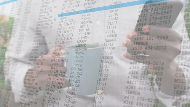 Man holding mug, tapping phone on patio, data overlay aligning and highlighting for finance review