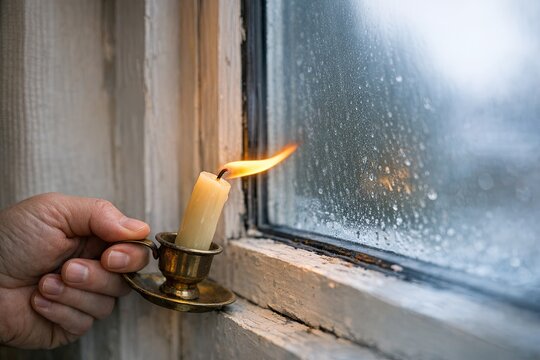 A person holds a lit candle in front of a window, possibly for ambiance or as a safety precaution