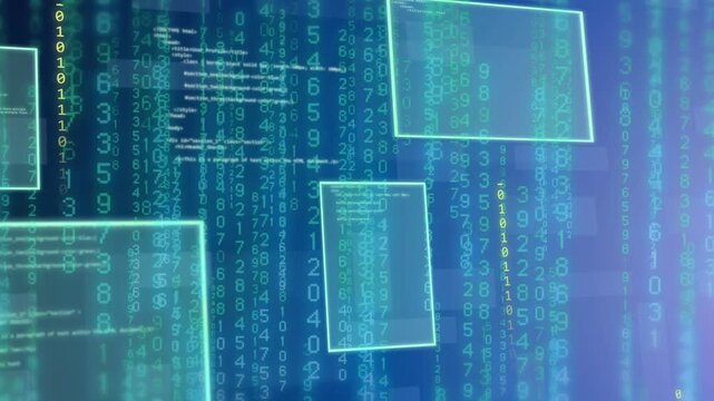 Pale-green frame glowing, panel cluster expanding and numeric streams falling visualizing data flow