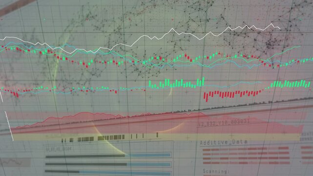Camera panning screen while white line rising, cyan lines shifting, green red bars showing trend