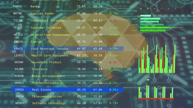 Polygonal brain growing as blue highlight selects rows, charts animating to reveal sector trends