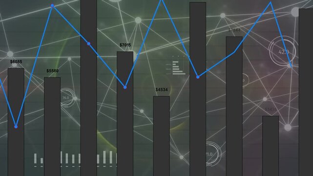 On data load dashboard animating with HUD fading, bars rising, blue line drawing to show growth