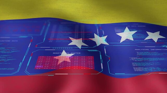 Tricolor flag starting left-edge wave, ripples revealing cyan HUD and red grid, white stars arching