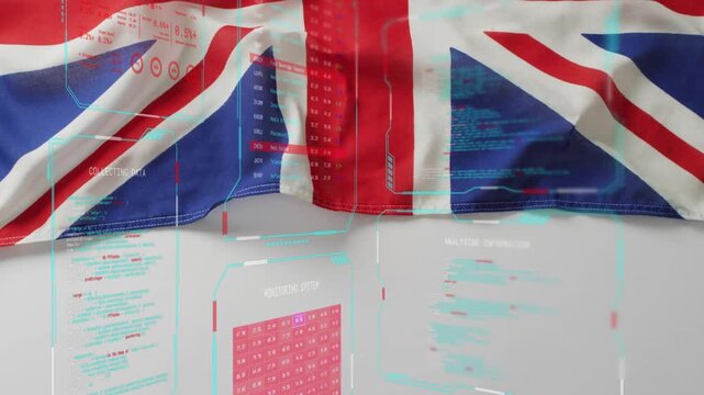 Overlay activating Union Jack flag shifting, number column emerging, panels sliding, revealing docs