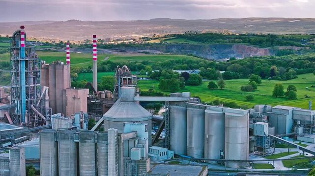 Aerial view of the Irish Cement Ltd industrial complex with silos and chimneys surrounded by green fields and hills in Drogheda, County Louth, Ireland.