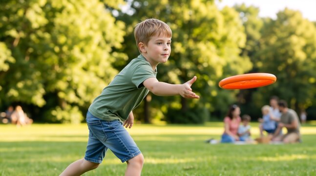 Young boy throwing an orange frisbee in a sunny park. Active child playing outdoors during summer. Family recreation and healthy lifestyle concept