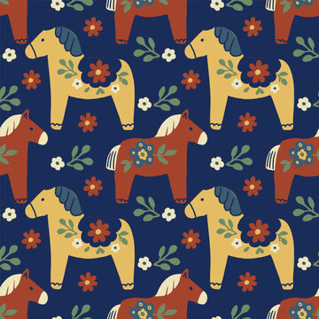Scandinavian vector seamless pattern with cute dala horse and floral ornament for sweden longest summer day holiday  background. 