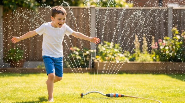 Energetic boy laughing and running through a garden sprinkler. Happy child playing with water in a sunny backyard. Summer fun and cooling off concept