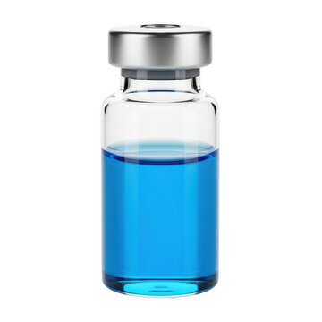 Clear blue liquid in a glass bottle with metal cap isolated on transparent background