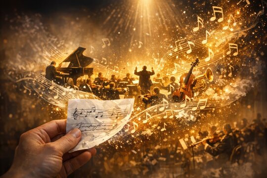 A person holds a sheet of paper with musical notes, a creative expression