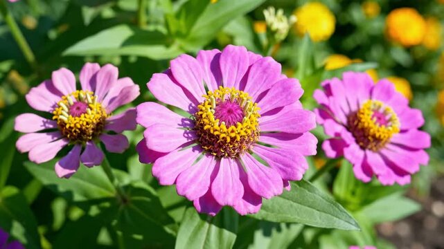 Close-up of vibrant pink zinnia flowers blooming in a sunny garden with yellow and green foliage