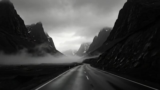 Black and white scenic view of a winding road in the mountains, a journey with beautiful landscape and travel concept.