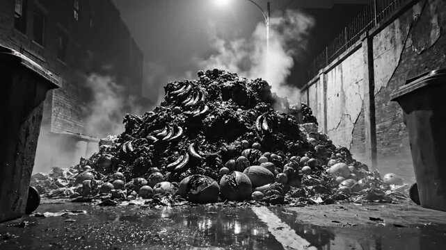 Black and White Cinematic Scene of a Massive Pile of Rotting Food in a Dark Alleyway with Steam