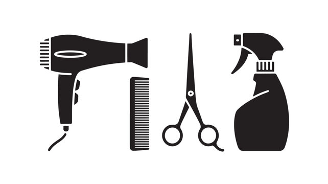 Black Silhouettes of Hair Dryer, Comb, Scissors, and Spray Bottle on White Background For Barber Shop Concepts