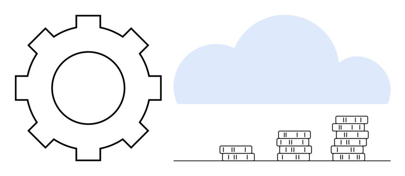 Cloud computing, data storage, IT solutions, network technology, digital transformation, cloud infrastructure. Gear icon alongside a cloud and stacked servers. Cloud computing and data storage