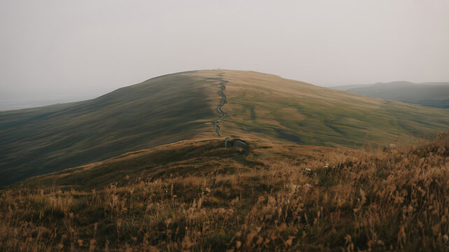 Rolling hills and a winding path create a serene, expansive landscape bathed in soft, golden light.