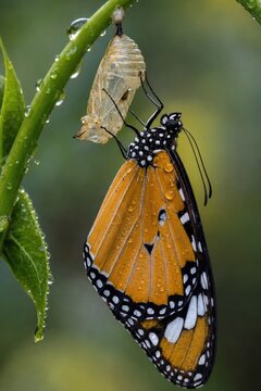A Monarch butterfly with detailed black-and-white veined wings rests on a green plant, wings patterned in warm orange and tranquil natural light.