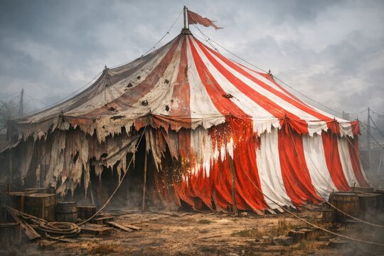 A classic circus tent with bold red and white stripes, perfect for carnival or festival scenes