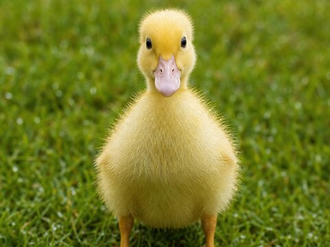 A fluffy young yellow duckling stands on vivid green grass, looking curious and gentle, soft sunlight highlighting its downy feathers.