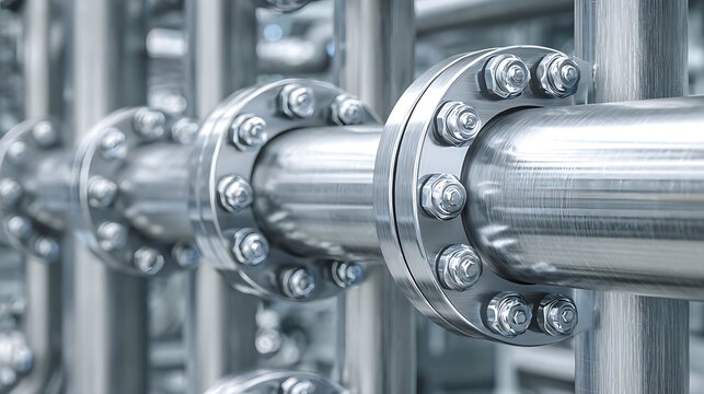 Close-up of industrial metallic pipes joined with bolted flanges, forming a linear array