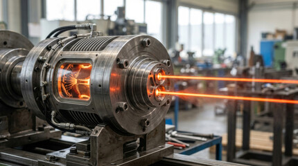 Obraz premium Close-up of a futuristic engine component emitting vibrant orange laser beams in a high-tech workshop.