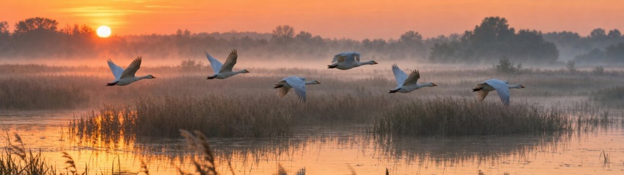 Golden sunrise over a tranquil wetland with mist, reeds, and a flock of white birds gliding across the reflective water.
