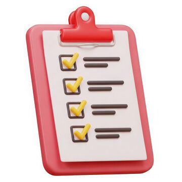 3d clipboard with paper document and yellow check marks for task management isolated on transparent background