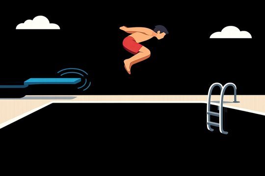 A person jumping off a diving board into a swimming pool, illustration of leisure and fun