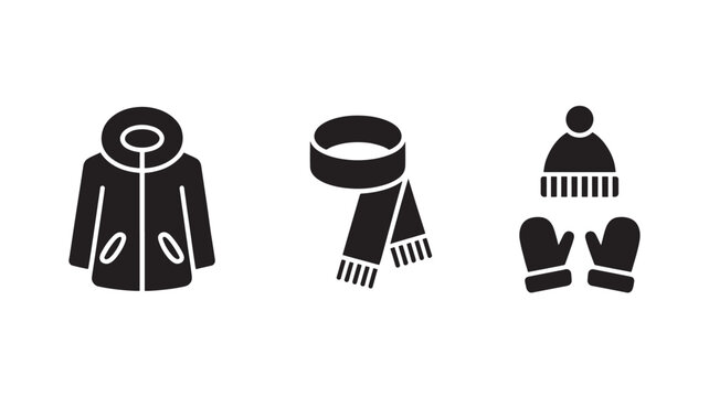 Black winter clothing icons set including coat scarf and mittens on white background for cold weather concepts