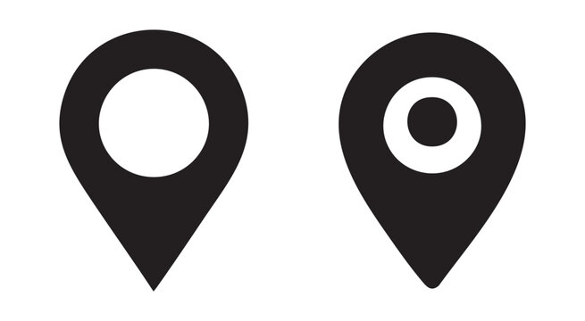 Location pin map icons set with pointer navigation symbols in black solid and minimalist silhouettes.