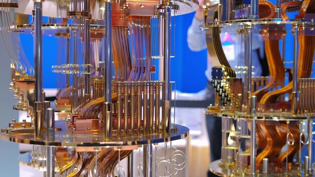 Futuristic quantum PC computer close up, concept qubits and quantum circuits. Powerful supercomputing technology data processing, innovation, deep tech and the future of supercomputer, close up of pc.