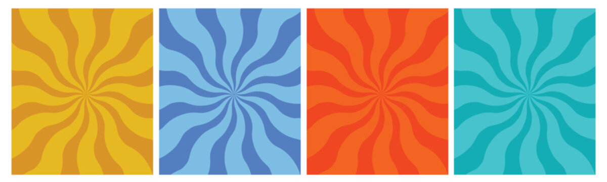 Retro Psychedelic Swirl Background Collection Set, Colorful Abstract Wavy Spiral Pattern Bundle, Vintage Groovy Summer Wallpaper Design, Vibrant Radial Wave Texture 