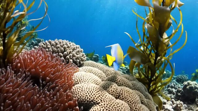 Colorful angelfish swims gracefully in a vibrant coral reef habitat, showcasing marine life and underwater beauty