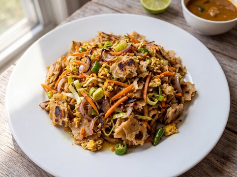 A delicious plate of Sri Lankan kothu roti with chopped flatbread, vegetables, and spicy egg curry.