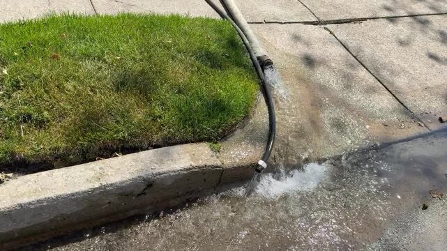 Two hoses, one large and one small, running water into the street
