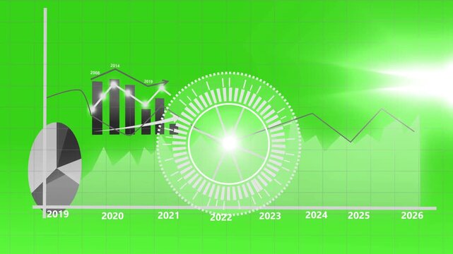 Futuristic business timeline hud animation, Futuristic business chart with timeline 2019&ndash;2026, central circular data HUD, line and area graphs