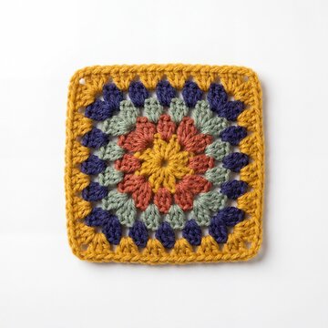 A handmade colorful granny square crochet motif featuring geometric patterns on a white background.