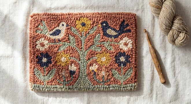 A Handcrafted Rug Hooking Piece Featuring Two Birds Amidst Vibrant Floral Motifs On A Linen Fabric.
