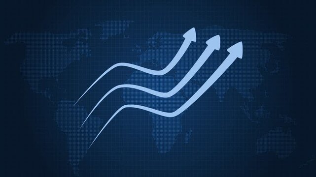 Three arrows rising over world map animation, Stylized world map silhouette in dark tones with three upward arrows forming wavy paths