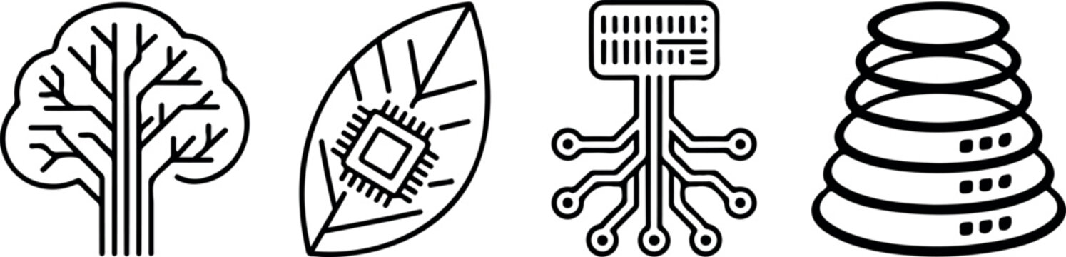 Natural technology conceptual icons including abstract tree leaf chip and stack data storage system illustration.