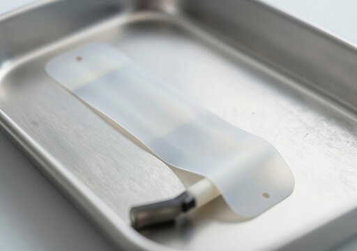 Translucent flexible biosensor patch resting on sterile steel medical tray